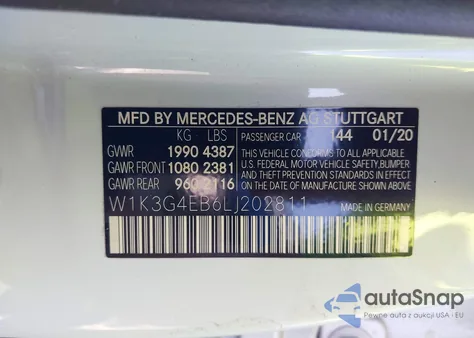 2020 Mercedes-Benz A 220 z USA, uszkodzony, nr VIN W1K3G4EB6LJ202811